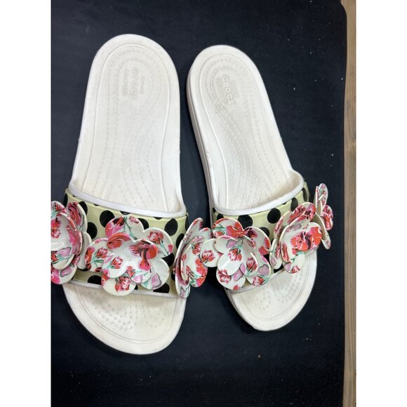 Womens Crocs Floral Slide Sandals Size 11 White with Flowers Iconic Comfort - Picture 3 of 9